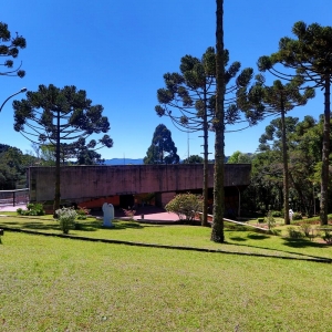 Imagem da faixada lateral do Auditório Claudio Santoro vista a partir do jardim de esculturas do Museu Felícia Leirner. Nela há um jardim com araucárias e esculturas brancas, ao fundo há o Auditório Claudio Santoro, uma estrutura arquitetônica na cor cinza.