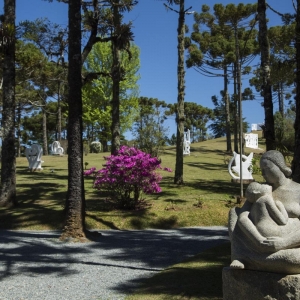 Jardim de esculturas do Museu Felícia Leirner com obras espalhadas sobre um gramada com árvores e vegetação ao redor