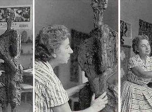 Felícia Leirner em três fotos produzindo uma de suas esculturas