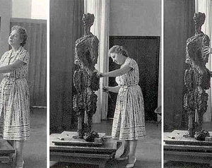 Felícia Leirner em três fotos produzindo uma de suas esculturas