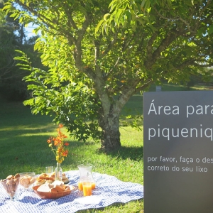 Placa de área de piquenique. Ao fundo há uma toalha estendida sobre a grama. Nela há uma jarra com suco, biscoitos, pão e um vaso com flor.