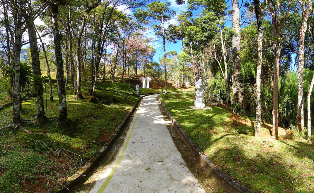 Alameda com esculturas da fase orgânica. Ao redor há mata nativa com árvores de diferentes tamanhos.