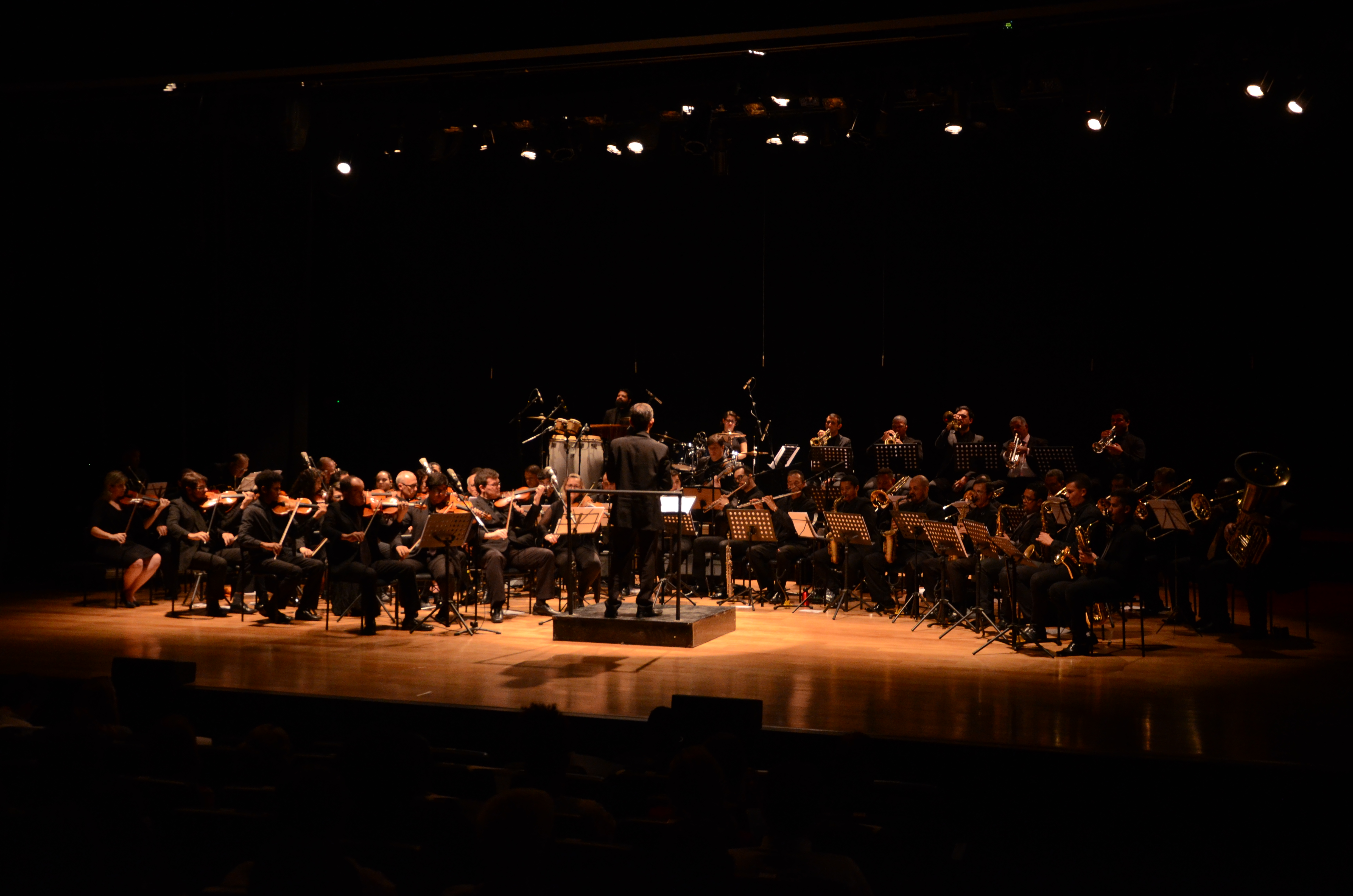 Orquestra se apresentando soba regência de um maestro