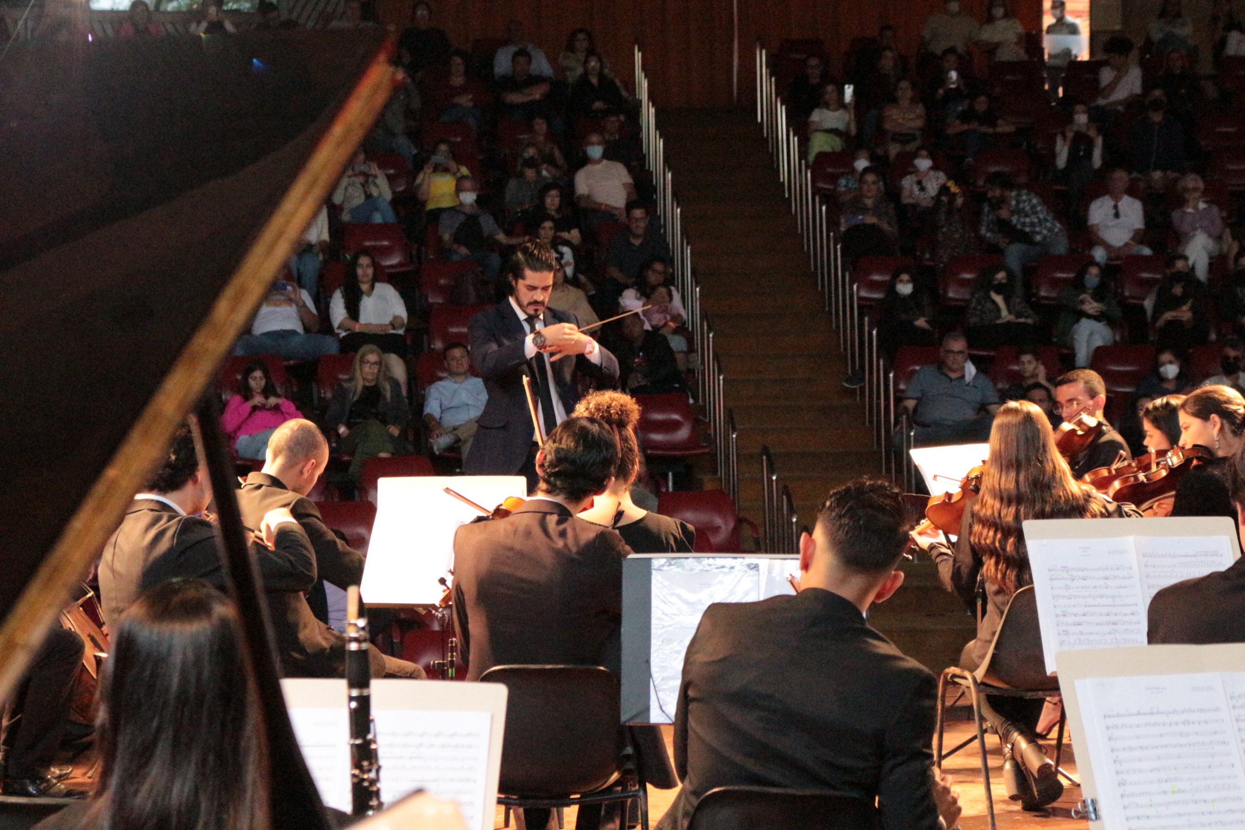 A imagem mostra um maestro regendo uma orquestra. Os músicos estão de costas e o maestro está de frente para eles. Ao fundo, algumas pessoas estão sentadas em poltronas vermelhas assistindo ao concerto.