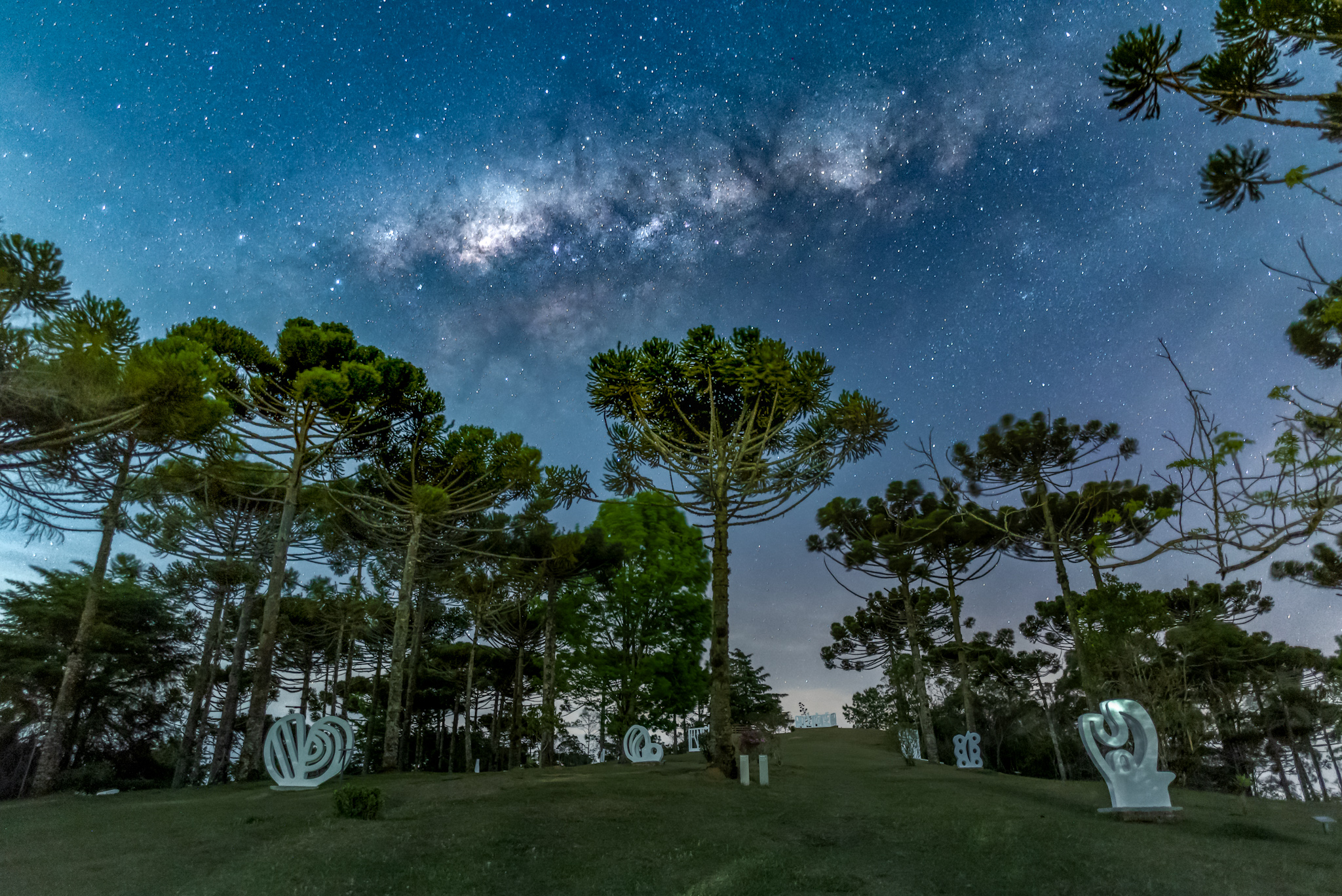 A imagem mostra a composição entre o jardim de esculturas do Museu Felícia Leirner com céu noturno onde é possível observar o braço visível da via-lactea com estrelas.