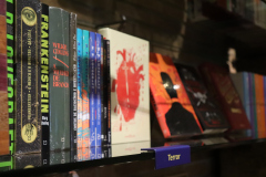 Prateleira de livros com exemplares do gênero de terror.